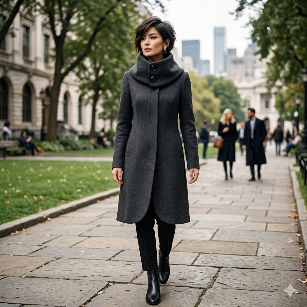 Soia & Kyo Womens Charcoal Grey Wool Blend Funnel Neck Long Coat - Size Large